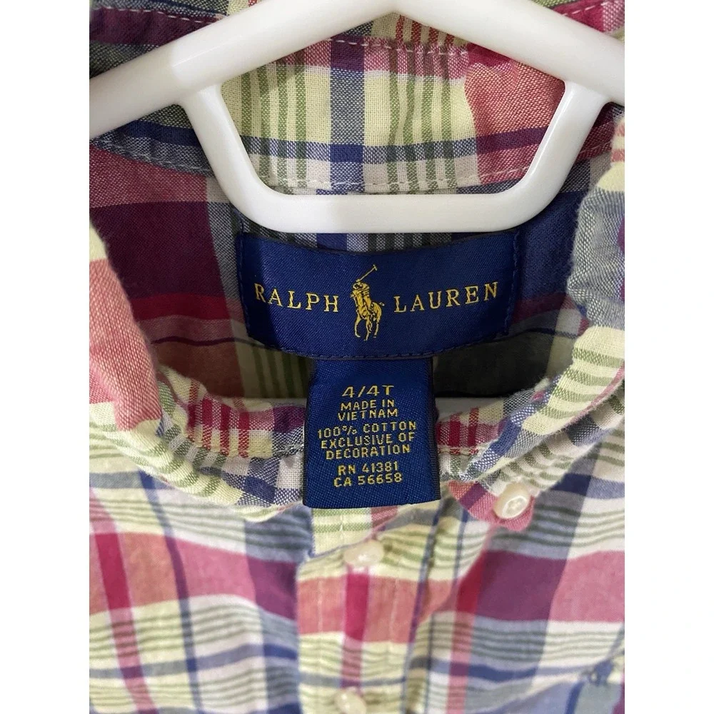 Ralph Lauren Multicolor Plaid Shirt Boys 4T Short Sleeve Button‎ Up Embroidered